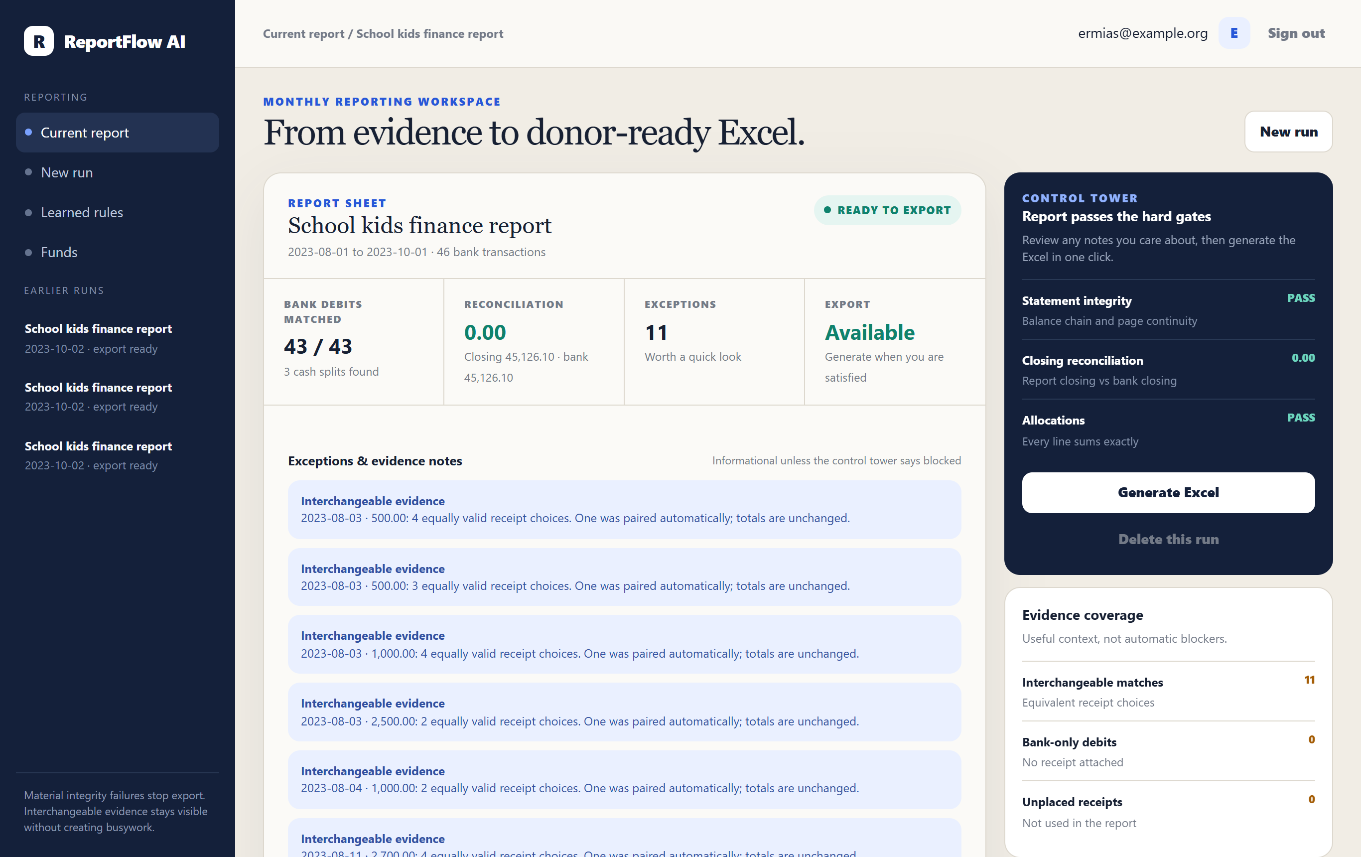 ReportFlow AI workspace on a laptop: 43 of 43 bank debits matched, reconciliation 0.00, export available